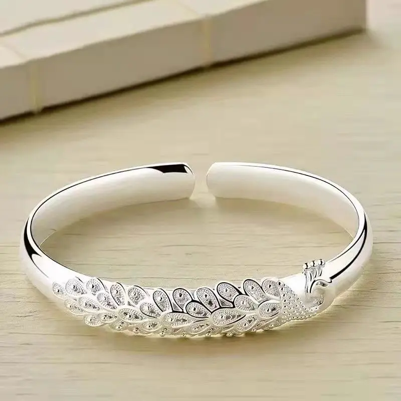 

New 925 Sterling Silver Elegant Peacock Opening Screen Bracelet Bangles For Women Fashion Party Wedding Accessories Jewelry Gift