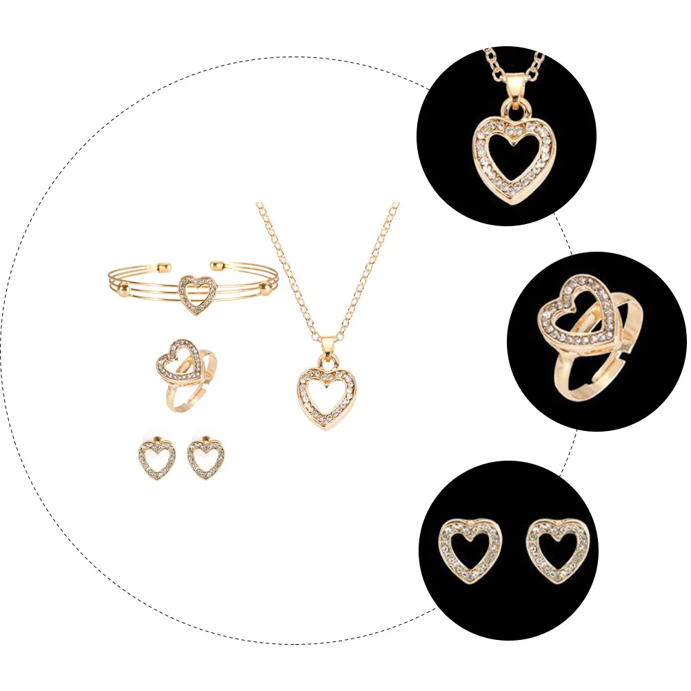 

1Set Heart-Shaped Necklace Earring Bracelet Ring Jewelry Set Comfortable Feel Suitable for Graduation Party Gifts Women