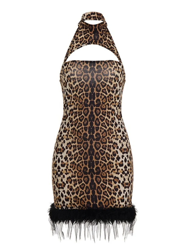 SsTss Sexy Neckholder-Kleid mit Leopardenmuster für Damen, modisch, pelziger Saum, Ausschnitt vorne, ärmellos, rückenfrei, schlank, figurbetont, Club-Minikleid