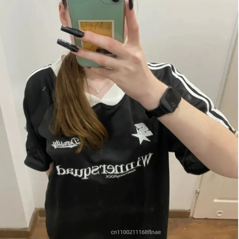 Топ для уличных танцев с ретро-вышивкой и цветными блоками, футболка с v-образным вырезом и короткими рукавами, свободный повседневный стиль в стиле хип-хоп