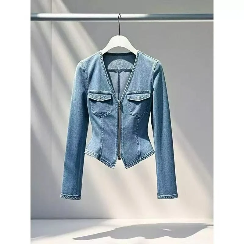 Spring Super Fire Design Sense Niche Top Women's Senior Sense Age Reduction Blue V-neck Waist Pinch Denim Shirt Niche and Fresh