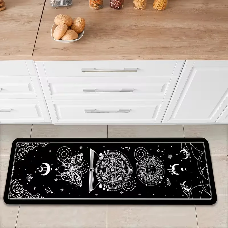 Moon Phase Blue Rose Floral Long Runner Rug Anti Slip Floor Mat Gothic Starry Hallway Entrance Soft Area Carpet Decor