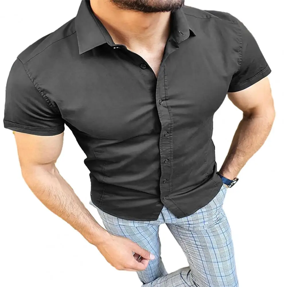 Cardigã de manga curta slim fit masculino, gola virada para baixo, camisa de peito único, slim fit sólido, top fino e respirável, estilo formal, verão