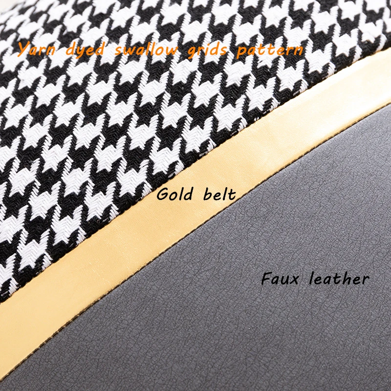 2023 Trendy Swallow Grid Faux Leather Patchwork Luxury Pillows Case Gold Belt Pillows Sofa Couch Decorative Houndstooth Cushions