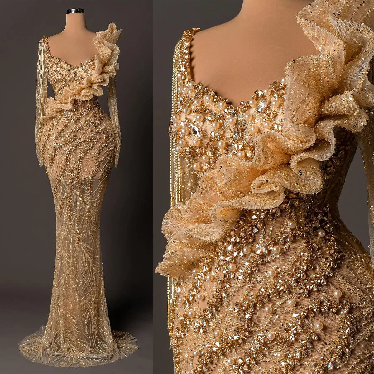 

Brilliant Evening Dresses Mermaid Formal Occasion Gowns Long Sleeves Shining Sequins Beads Tassels Prom Vestido Customized