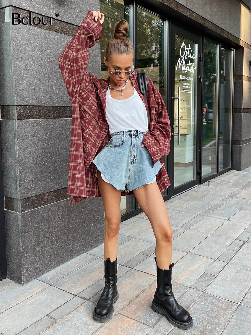 Bclout Street Red Plaid Loose Blouses Women 2024 Vintage Long Sleeve Office Lady Shirts Fashion Streetwear Cotton Blouses Femal