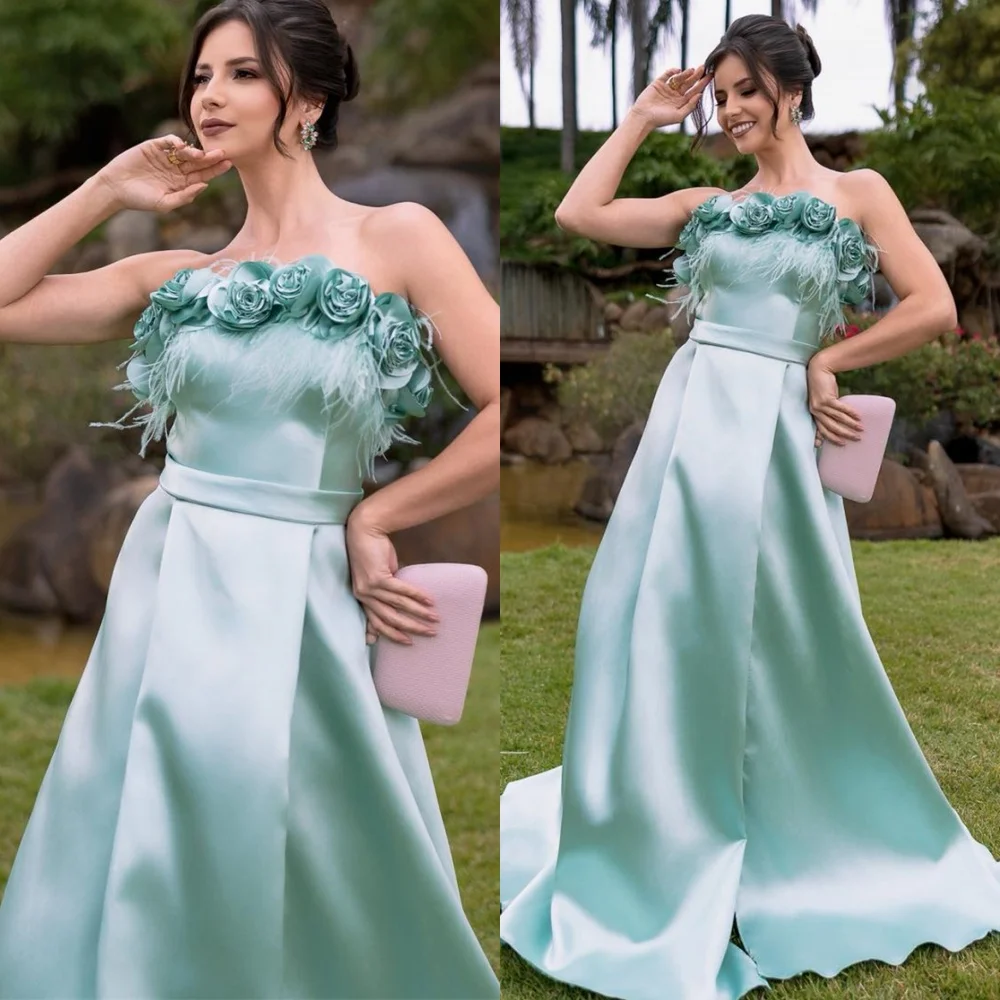 

Customized Temperament Satin Evening Dresses Fashion Strapless Sleeveless Homecoming Dresses Exquisite Flowers Prom Dress