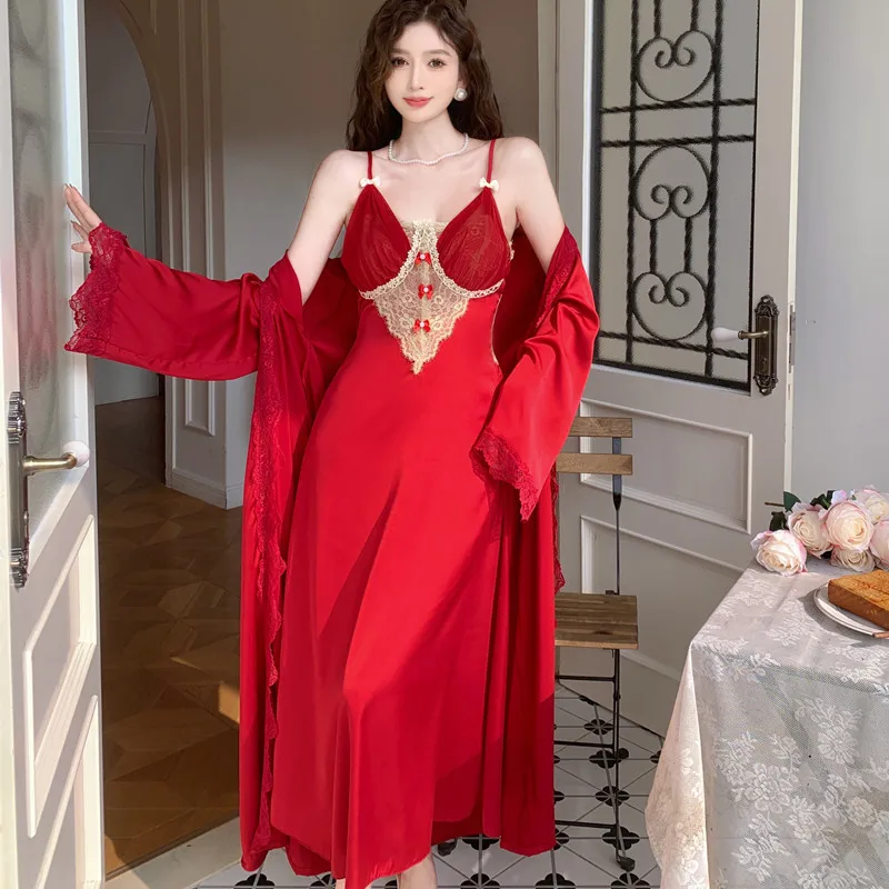 Twinset Lace Bathrobe Set Women Silky Satin Nightgown Robe Suit Spring Female Kimono Gown Loungewear Sleepwear Nightdress