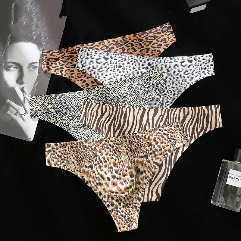 Men Breathable Seamless Ice Silk Thongs U Bulge Pouch Sexy T-back Panties G-string Leopard Print Underwear Ultra-thin Underpants