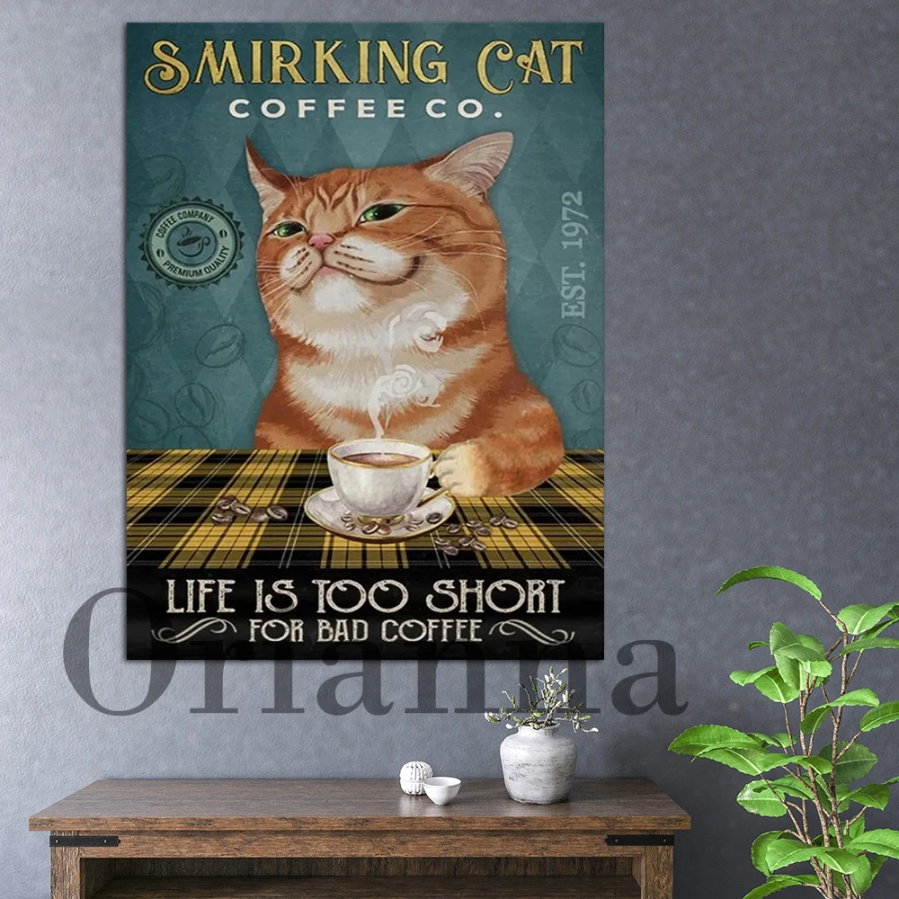 

Smirking Cat Coffee Co. Life Is Too Short For Bad Coffee Retro Print Posters Modern Home Living Room Kitchen Cafe Cat Lover Gift