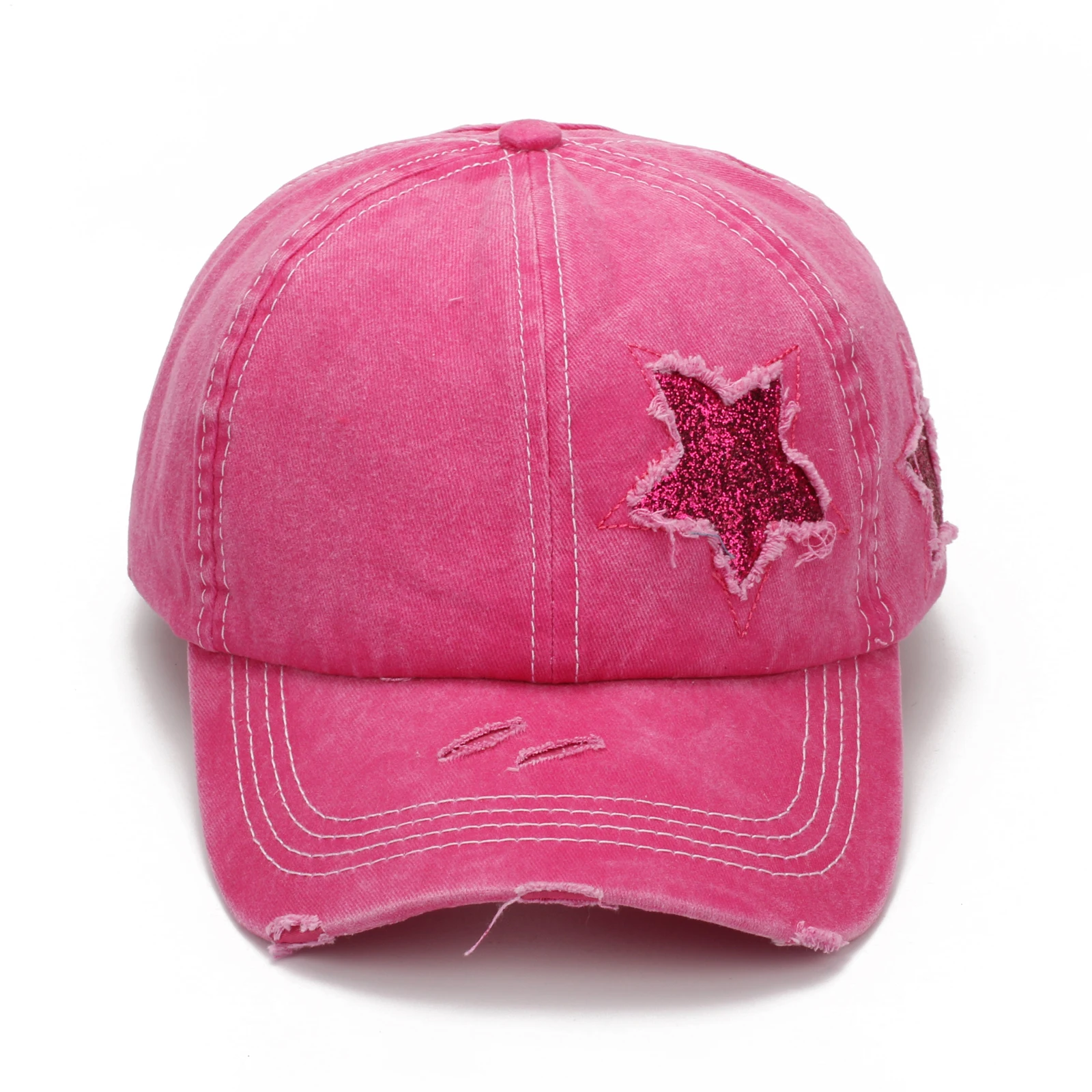 Gorra de poni alta desgastada con estrellas brillantes para mujer, gorro de bola de malla, sombreros de HIp Hop informales ajustables, 6 colores