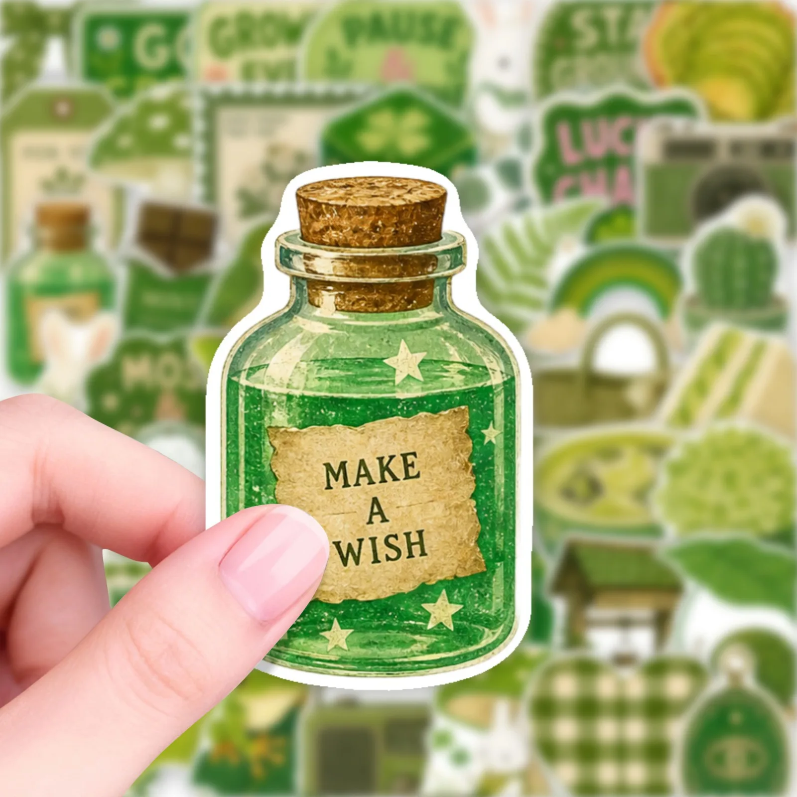 50 PCS Ins Fresh Retro Green Mix Match Hand Account Material Stickers Decorate Scrapbook Laptop Waterproof Decals