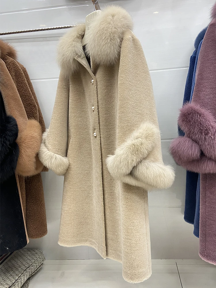 Women Winter Classic 100% Woolen Real Sheep Fur Long Jacket Coat With Natural Fox Fur Collar Cuff Long Woolen Warm Coat