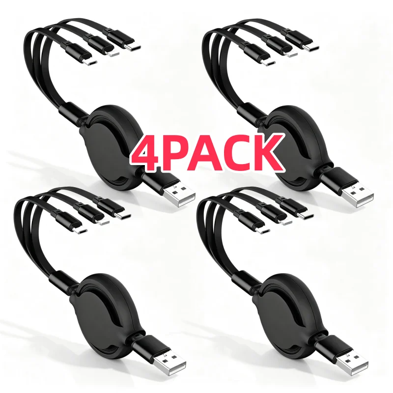 4pcs 3 in 1 Black Retractable USB Cable iPhone Fast Charging Cable For Samsung Huawei Xiaomi Multi-port Multi-charging Cable
