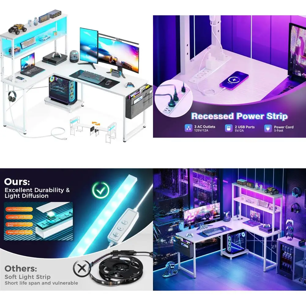 

53 Reversible L-Shaped Gaming Desk with LED Lighting and Power Outlet