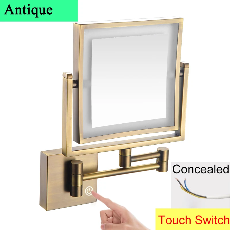 Square Touch Led opvouwbare badkamerspiegel 3x vergrotende badkamer make-upspiegels Accessoires Wandmontage Touch on badspiegels