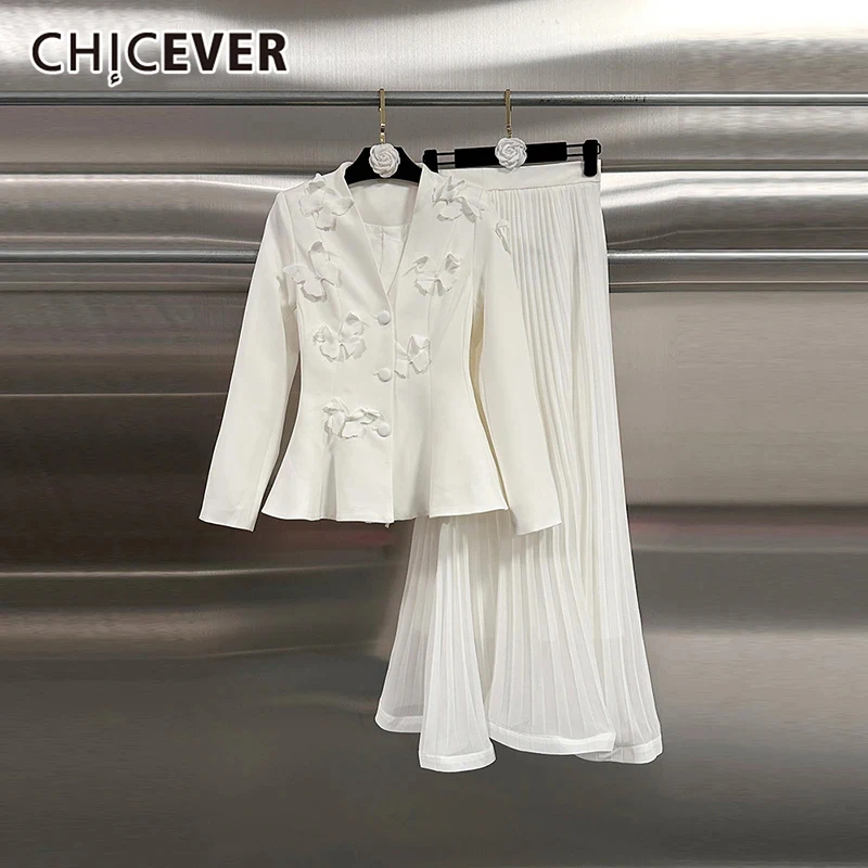 

CHICEVER Elegant Spliced Appliques Skirts Outfit For Women V Neck Long Sleeve Top With Lace Up Pleatd Skirt Two Piece Set Female