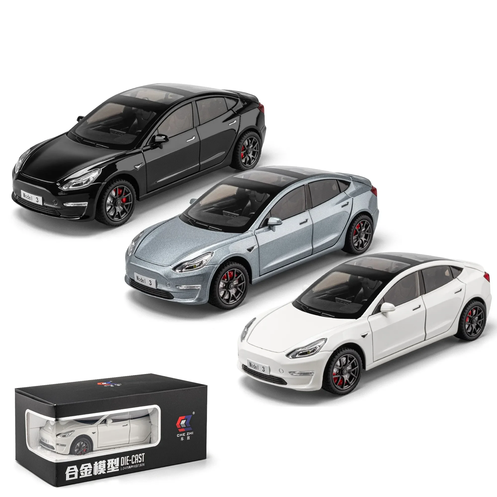 1/24 Tesla Model 3 Diecast Metal Toy Car 1:24 Miniature Alloy Vehicle Pull Back Sound & Light Collection Gift For Boy Children