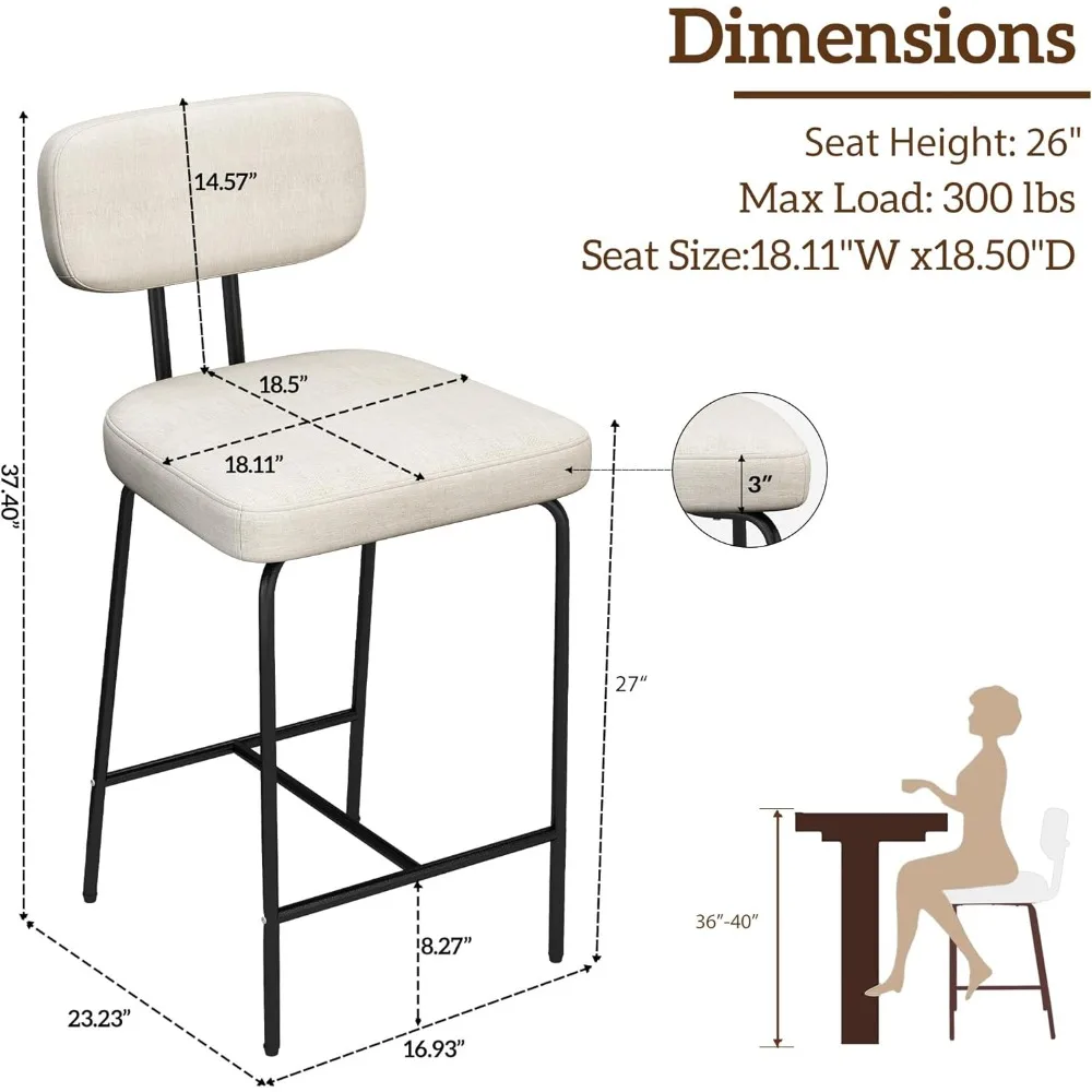 Ensemble de 2 tabourets de bar à hauteur de comptoir, tabourets de comptoir de cuisine en tissu blanc de 26 pouces avec dossiers, pieds en métal, repose-pieds et siège large, bar