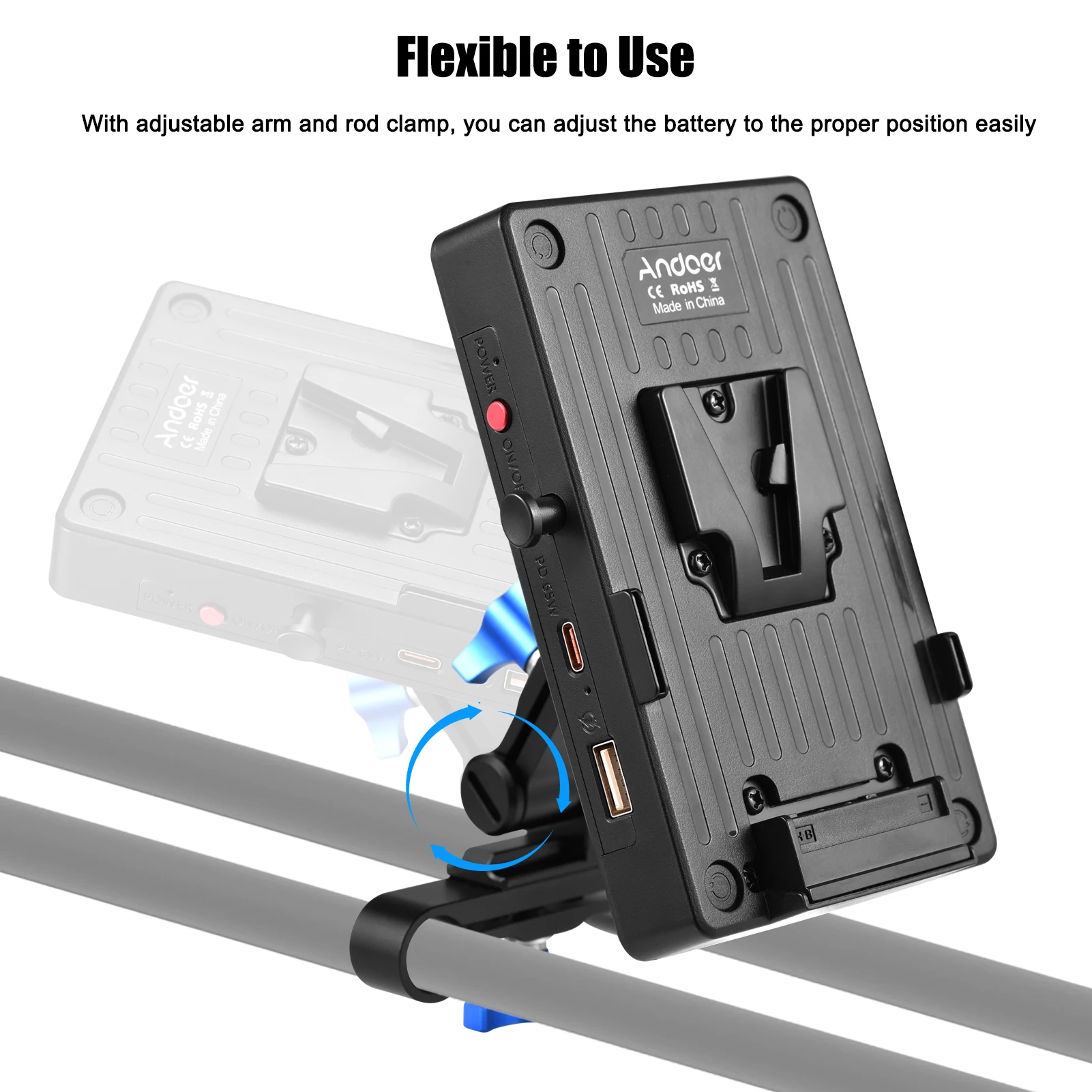 Andoer V Mount Battery Plate V Lock Battery Adapter 65W PD Fast Charging DC Outputs D-Tap Output for Canon Sony DSLR Camera