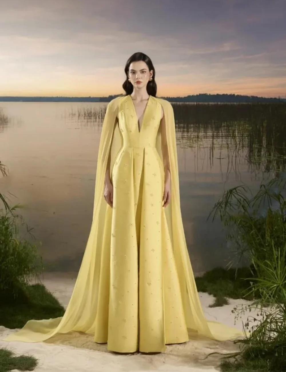 

Customized Yellow Modern Style Luxury Beading Sequined A-line V-neck Long Dresses Evening Dresses Sizes Available High Quality