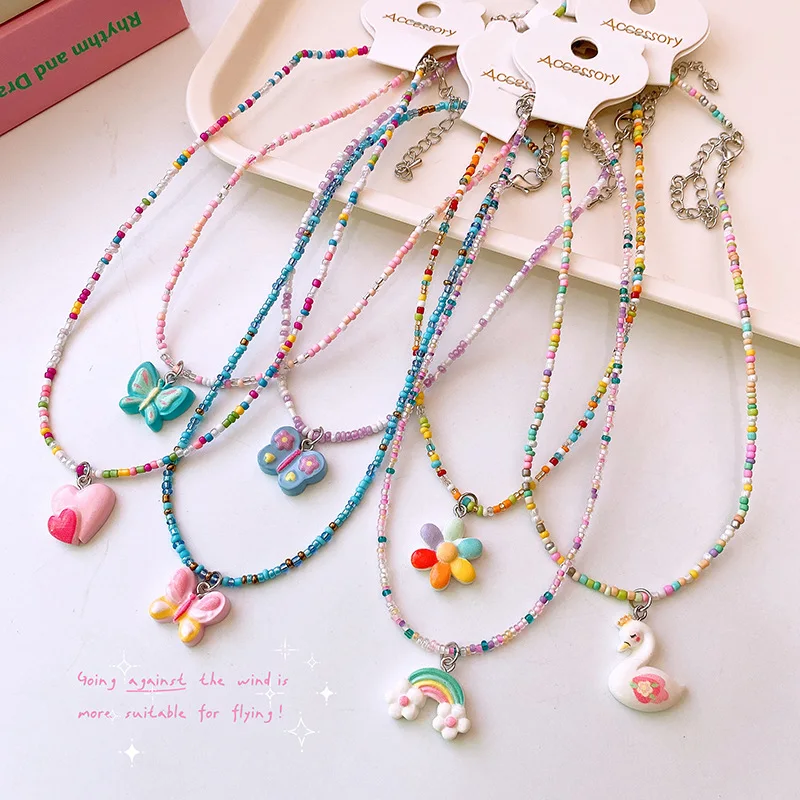 Korean Colorful Beads Necklace Cartoon Butterfly Heart Pendant Adjustable Kids Jewelry Non-Toxic Girls Dopamine Accessory Gift