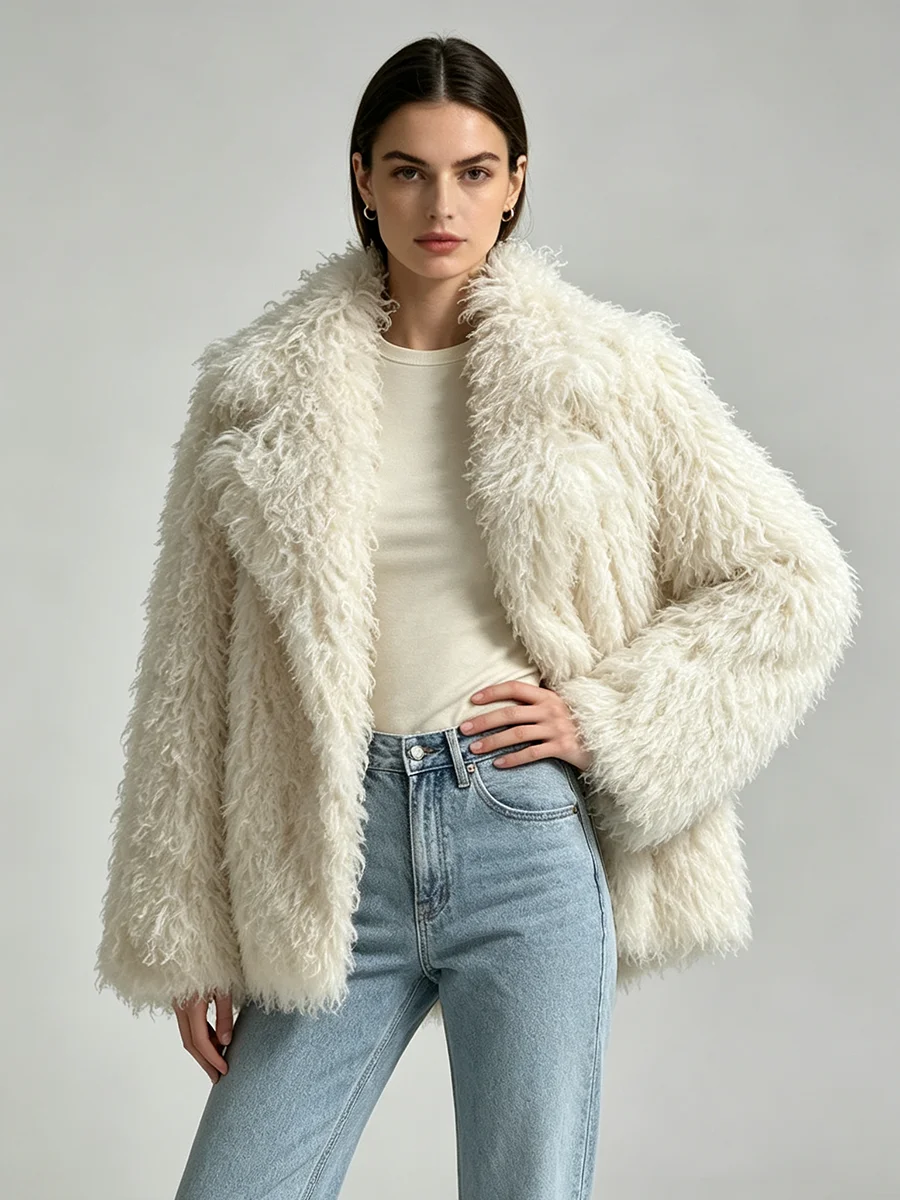 LIMO Women Curly Faux Fur Cropped Jacket Notched Lapel Open Front Shaggy Winter Fashion Ladies Streetwear Outerwear