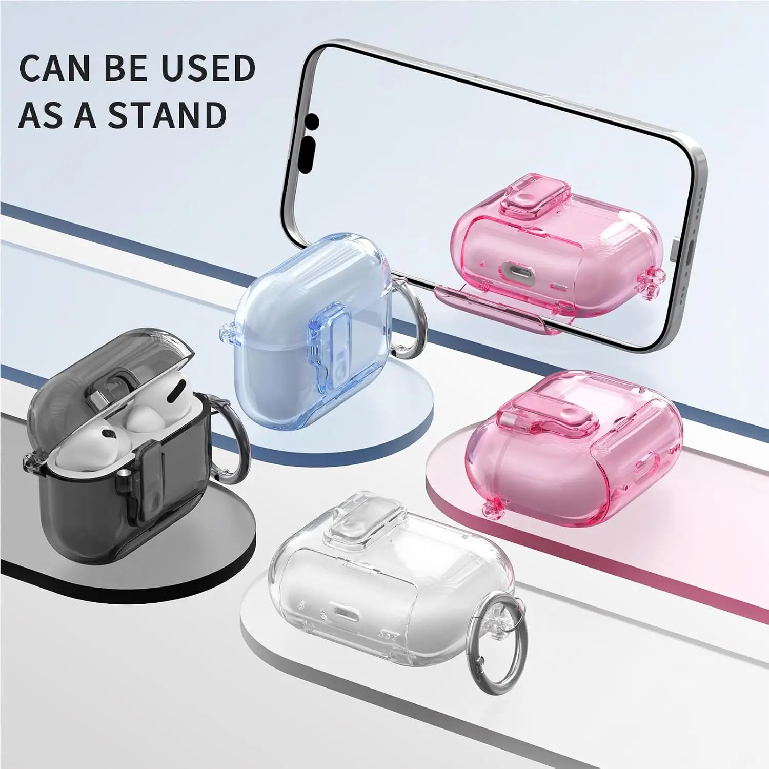 New for AirPods Pro 3/Pro 2/4 with Keychain [Auto Pop-Up Lid ] Soft TPU Clear Cover Phone Bracket Design for AirPods 4/Pro 3/Pro view 5