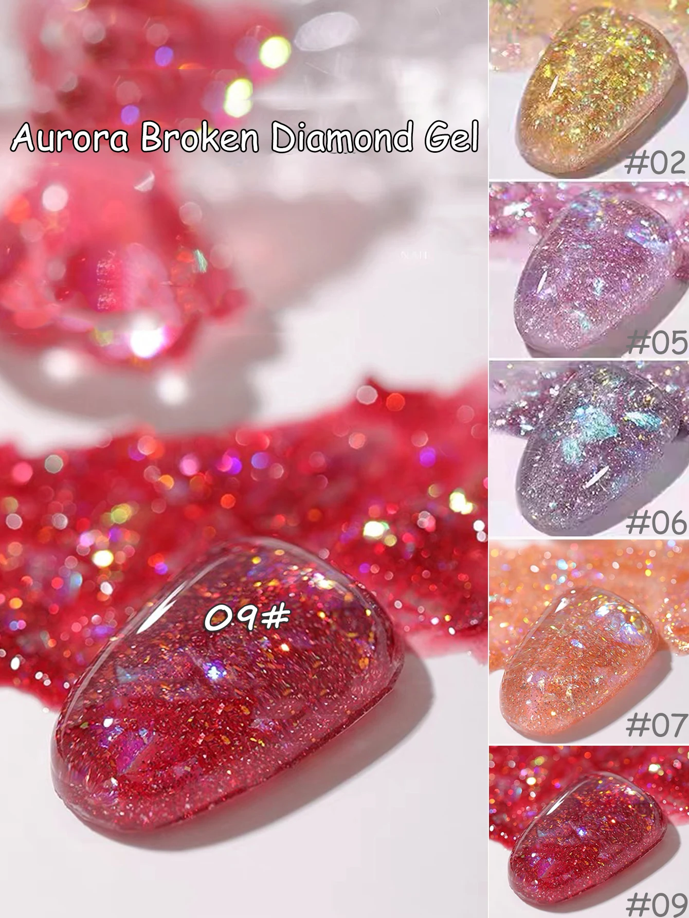 WS 10 ml 9-farbiger roter reflektierender, glänzender Nagel-Gel-Nagellack, funkelnder, semi-permanenter Soak-Off-UV-Gel-Glitzer, DIY-Nagelkunst für den Winter