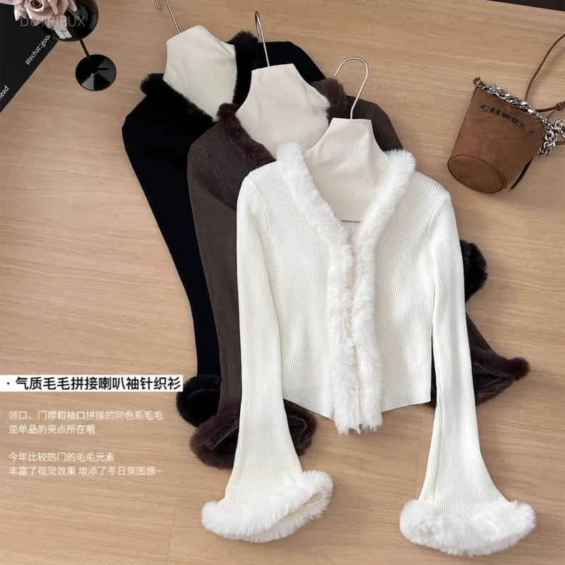 Cropped Cardigan Women Clothing Patchwork Furry V-neck Tunic Pull Femme Flare Sleeve Fashion Casual Knit Sweater Sueter Mujer