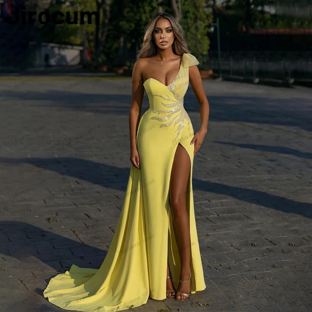 

Charming Evening Dresses Satin Prom Dress Sexy High Slit Robes One Shoulder Sleeveless Sweep Train Gowns Vestidos De Noche 2024