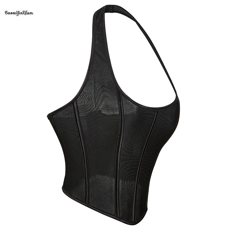 

13 Glue Bones Halter Strap Waist Trainer Bustier Slimming Vest See Through Mesh Hem Corset Crop Top For Women