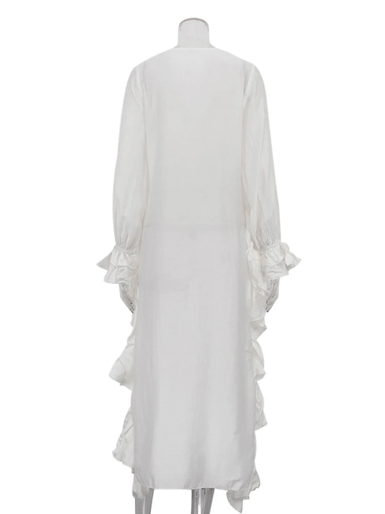 Mueyaruho Women 2025 Summer Autumn Elegant Ruffles Shirt V-neck Long Sleeve Solid White Blouse For Women
