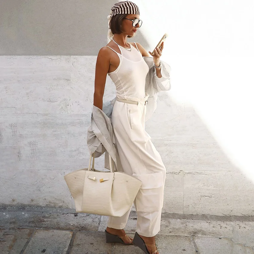 リナッドストリートシックな白いプリーツパンツ女性オフィスレディ用ポケット付きズボン女性カジュアル固体ロングパンツ2025秋