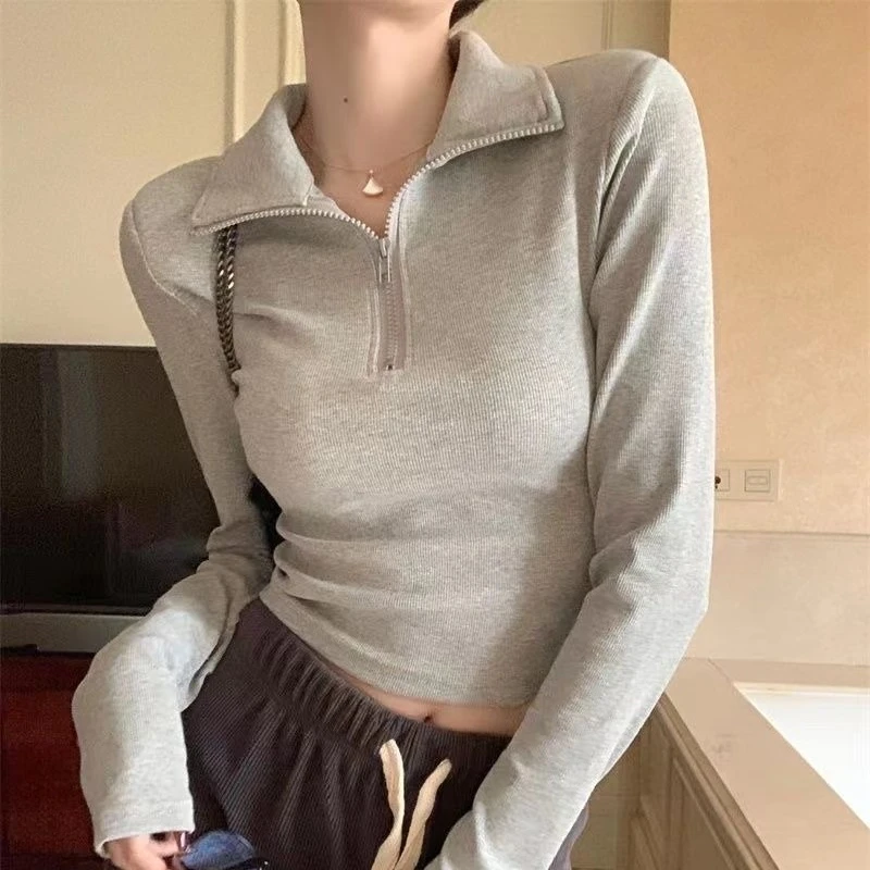 

Женский весенний укороченный топ 2026, рубашка на молнии с длинными рукавами и воротником-поло, милая пряная модная короткая базовая многослойная футболка ​