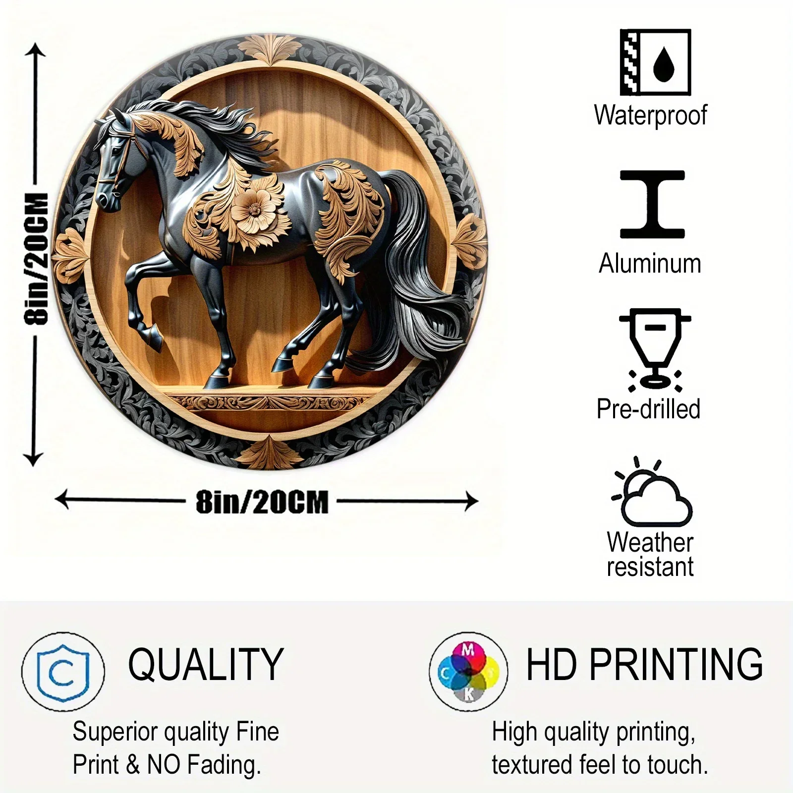 Tanda Kayu Bulat Datar 8in 2D Tanda Kayu Kuda Lucu, Poster Antik Kuda Yang Dibesarkan Secara Menyeluruh, Hadiah Pecinta Kuda Lucu