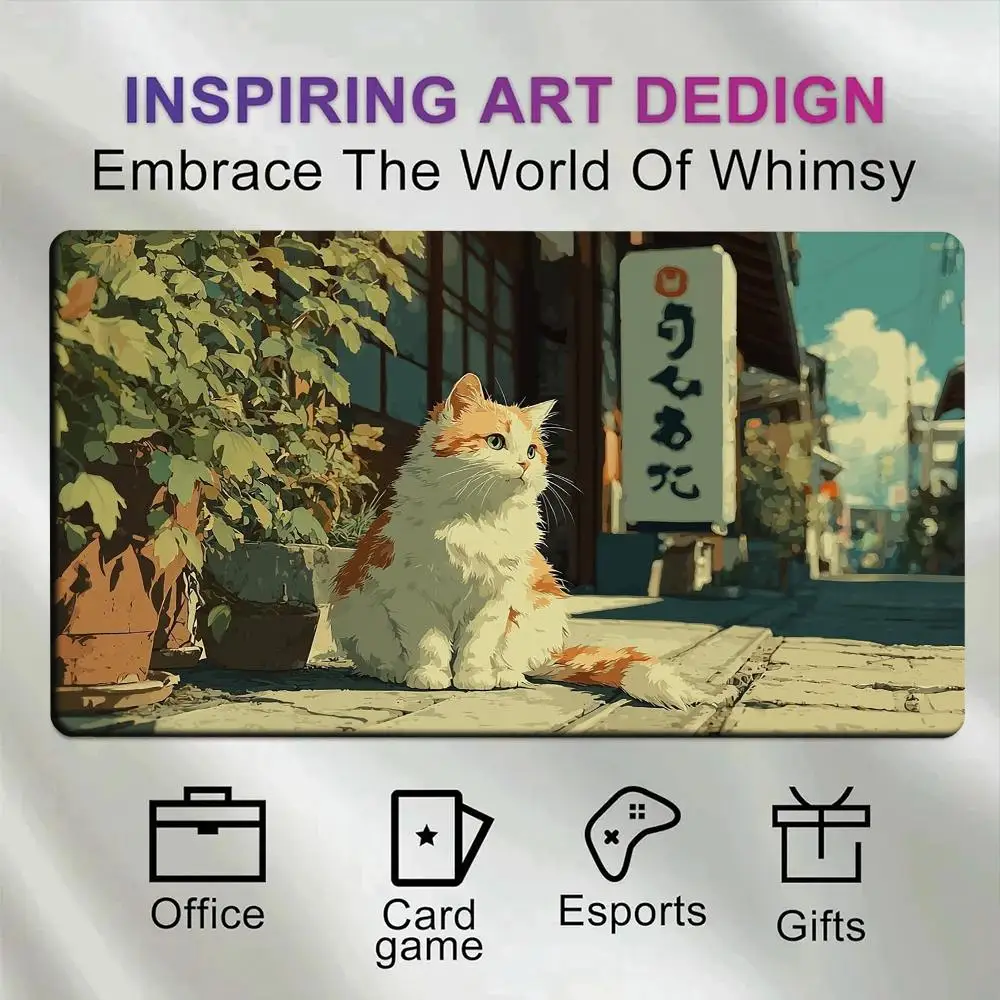 Warm Retro Anime Art Fluffy Orange Cat Sitting on Traditional Japanese Street Town Blue Sky Desk Mat tapis de souris