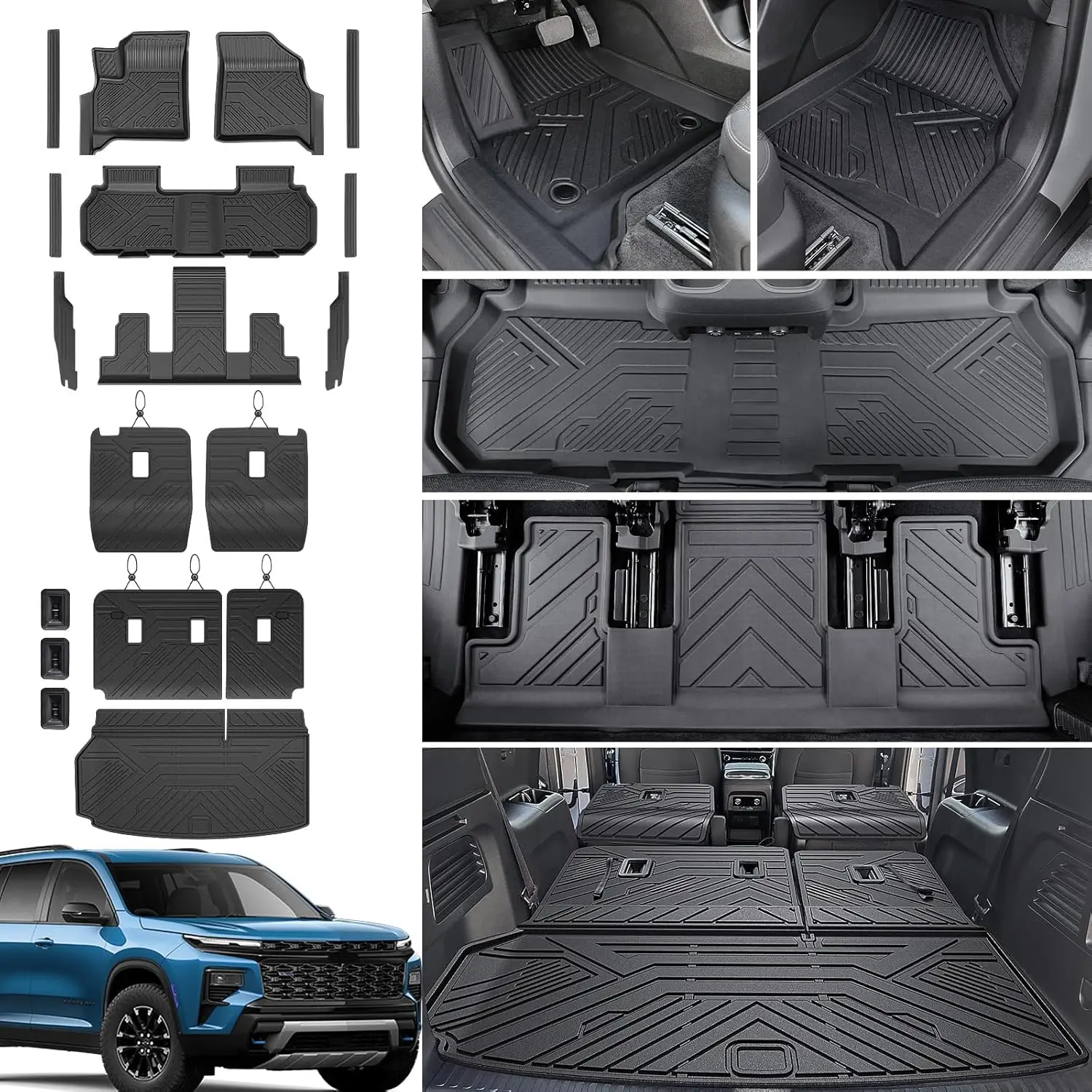 

All-Weather Floor Mats Set for Chevy Traverse & Buick Enclave 7-Seat SUVs, TPE Cargo Liner and Door Guards