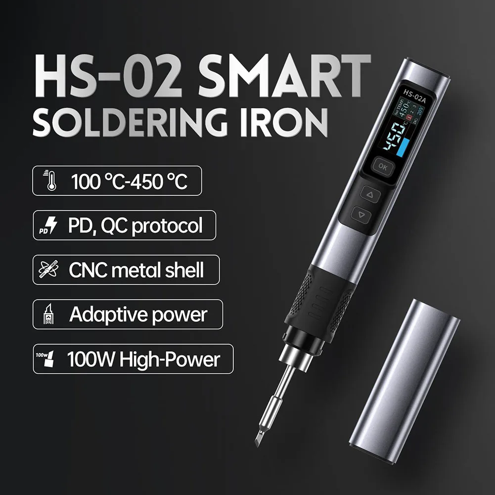 HS-02A สําหรับสมาร์ทบัดกรีเหล็ก Rework Station PD100W แบบพกพาซ่อมเครื่องมือ TYPE-C สายจอแสดงผลอัตโนมัติ