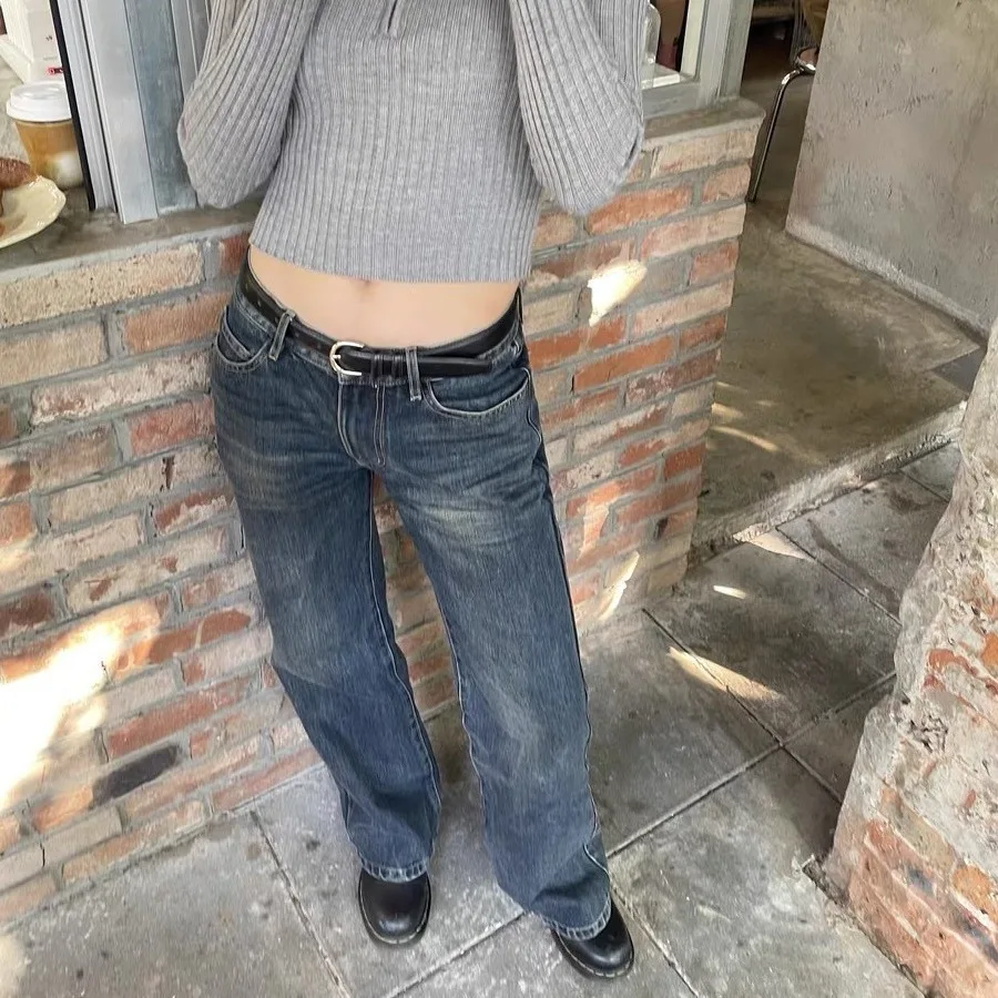 Jeans flare calças femininas denims bota corte meados de cintura bolsos angustiados 2025 streetwear calças lavadas vintage até o chão