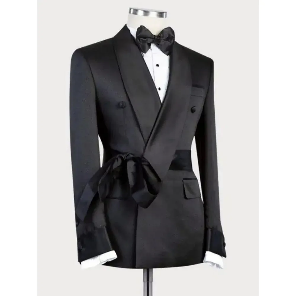 Black Men Suits Shawl Lapel Double Breasted Male Clothing Elegant Prom Party Full Set Bespoke 2 Piece Jacket Pants Sets Blazer