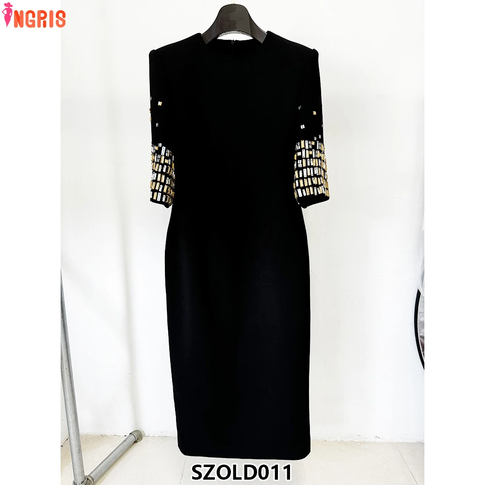 คุณภาพสูงแฟชั่นผู้หญิง Maxi ชุดเดรสแขนสั้นสีดําชุดราตรี Elegant-SZOLD011