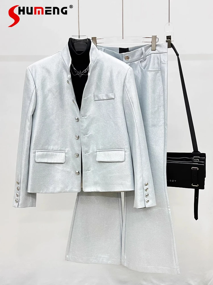 Men's 2025 Autumn New High-End Glossy Stylish Suit Tops Flared Wide-Leg Pants Trend Two-Piece Set Fashion Stand Collar Suit Sets