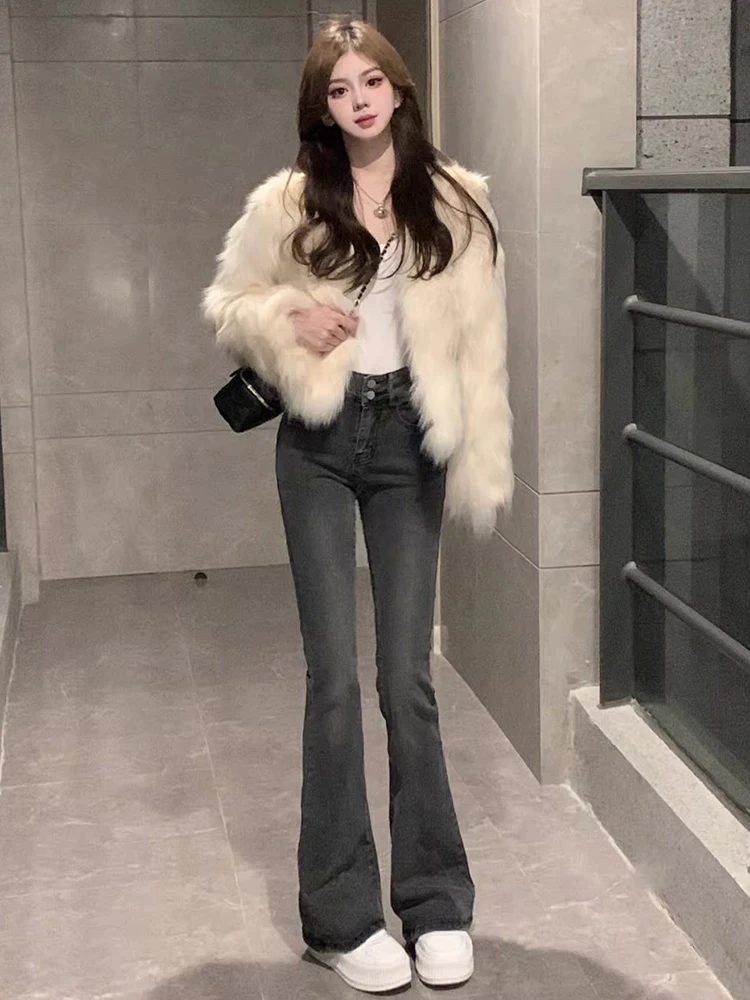 

plus Size High Waist Thickened Fleece American Retro Flared Jeans Women's Winter Long Pants Slimming Floor-Length Trousers