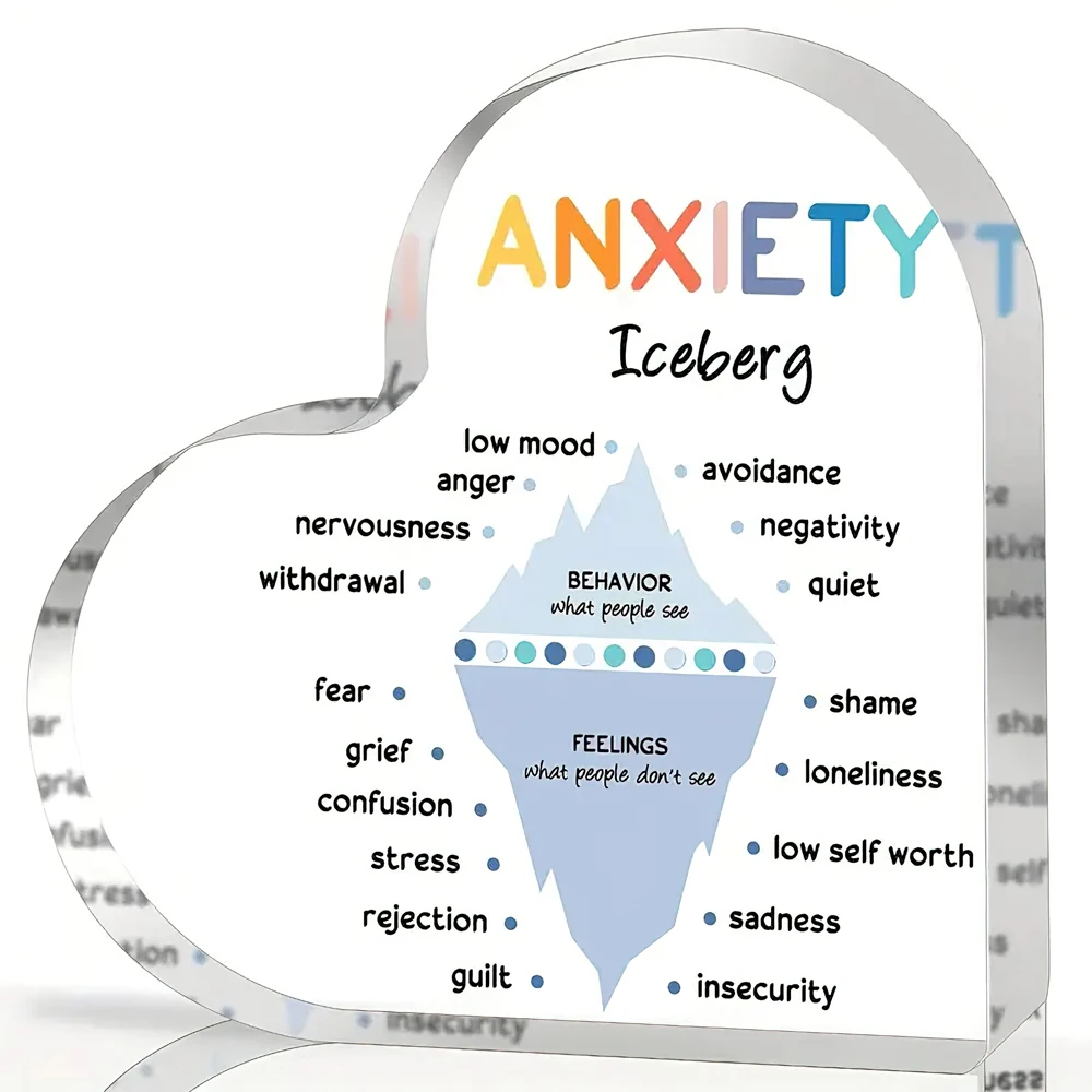 1PC Anxiety Iceberg Decorative Sign, Heart Shaped Acrylic Gifts For Mental Health Treatment, Printed Decorations For Counseling
