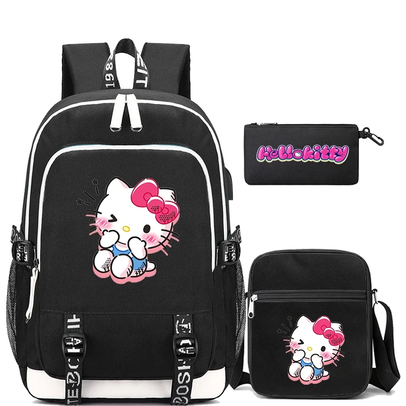 

MINISO 3 шт./компл. аниме рюкзак Hello Kitty для мальчиков-подростков, школьный рюкзак с сумкой на плечо, пенал, дорожная сумка