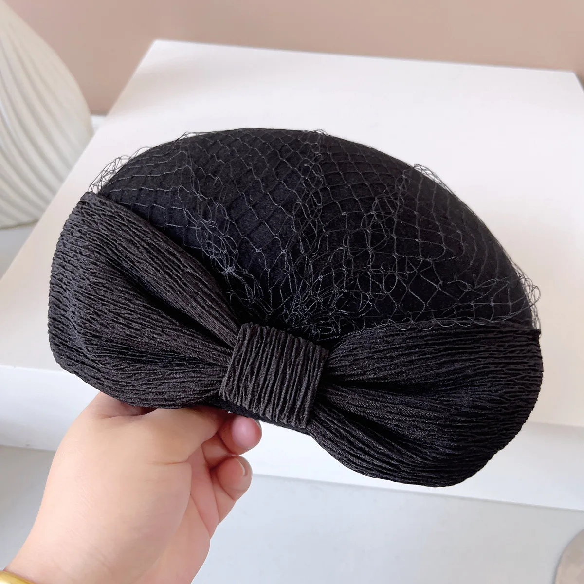 Fashion French Bowknot Veil Beret 100%Wool Cashmere Hat Women Fedora Cocktail Derby Party Church Wedding