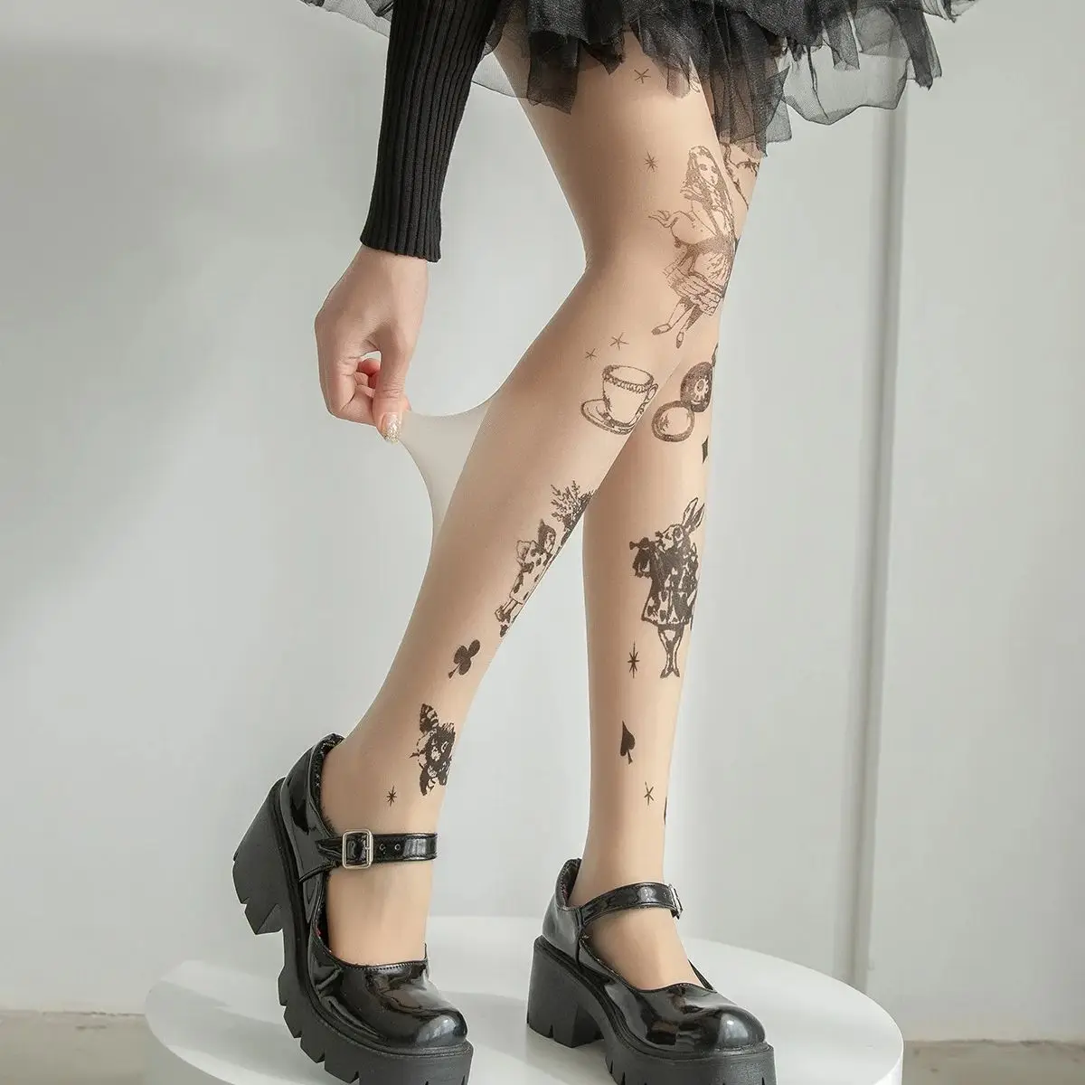 Lolita Gothic Tattoo Tights Woman Skin Tone and Black Medias Socks Transparent Thin Y2K Pantyhose Party Club Stockings.