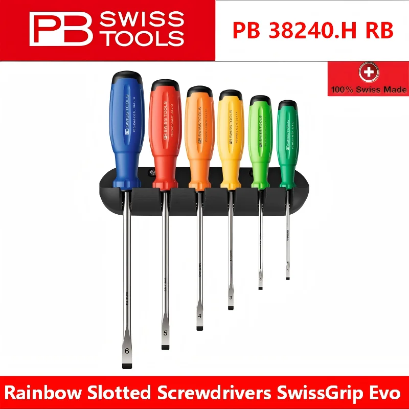 PB Swiss Tools 6PCS Rainbow Slotted Screwdriver SwissGrip Evo No Cam Out Wall Mount Storage Repair Tool PB 38240.H RB
