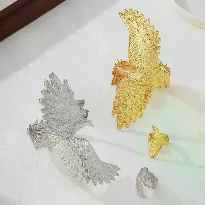 2Pcs Adjustable Carved Gold Phoenix Cuff Bracelet Ring Set Exquisite Jewelry Gift for Sister Friend Graduation Ceremony